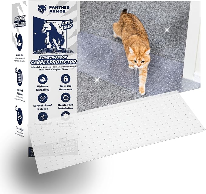 Panther Armor Cat Carpet Protector for Deep Pile, Runner Mat 16 x 43 in | Stops cats scratching deep pile carpet. Door edge protector and plastic runner mat by PantherArmor