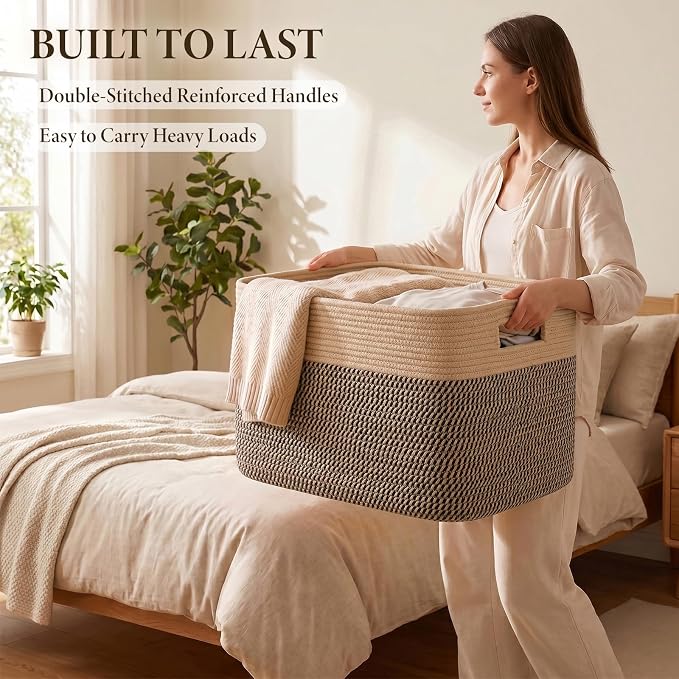 96L XL Large Cotton Rope Basket, Soft Toy Storage Bin for Nursery & Living Room, Decorative Blanket Basket for Bedroom, Baby-Safe Organizer for Pillows &Laundry, 24''×16''×15'', Brown & Black - Image 4