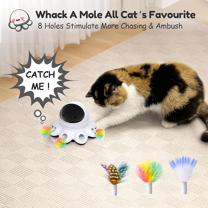 ORSDA Cat Laser Toy, 2-in-1 Interactive Automatic Motion Activated Moving 8 Holes Whack A Mole Feather, USB Rechargeable Electronic Smart Sensor Kitten Toys for Indoor Exercise - Image 4