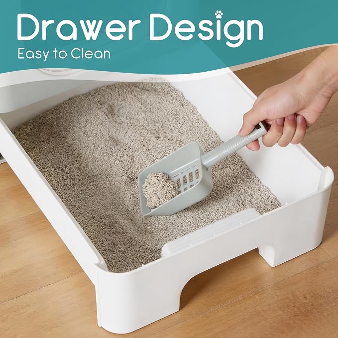 OLIXIS Cat Litter Box with Lid, Large Foldable Cat Box with Scoop, Front Entry Top Exit Kitty Litter Boxs with Door, Easy Cleaning Drawer Design Odor Control, Grey - Image 4