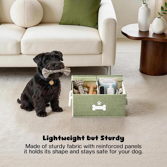 Dog Toy Basket with Double-Open Lid, Divided Dogs Basket for Toys, Collapsible Pet Toy Box, Dog Storage Organizer with 2 Divided Area, Puppy Toys Baskets with Rope Handles, Green - Image 5