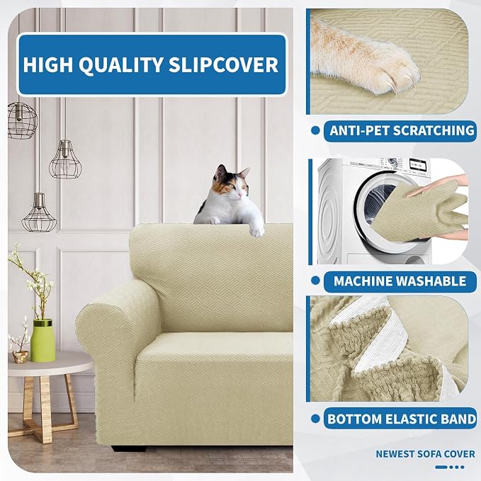 XINEAGE Stretch Jacquard Armchair Cover, Non Slip Sofa Slipcover for Dog | High-Stretch Fabric. Wear-Resistant, Pet Friendly. Easy Install & Washable for Living Rooms, Offices.Light Beige - Image 6