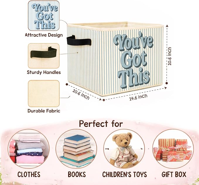 You’ve Got This Storage Bin, Blue White Stripe Fabric Basket | Motivational foldable fabric organizer for nursery, bedroom, classroom, toys, books, and clothes - Image 4