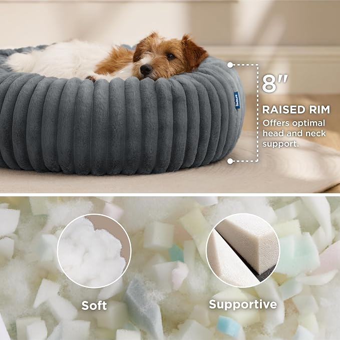 Bedsure ComfyFleece™ Donut Small Dog Bed with Removable Washable Cover | 27x27x8in, Calming Round Cat Beds for Indoor Cats, Support Plush Puppy Bed, Corduroy Fleece,Anti Slip Bottom,Warm Grey - Image 2
