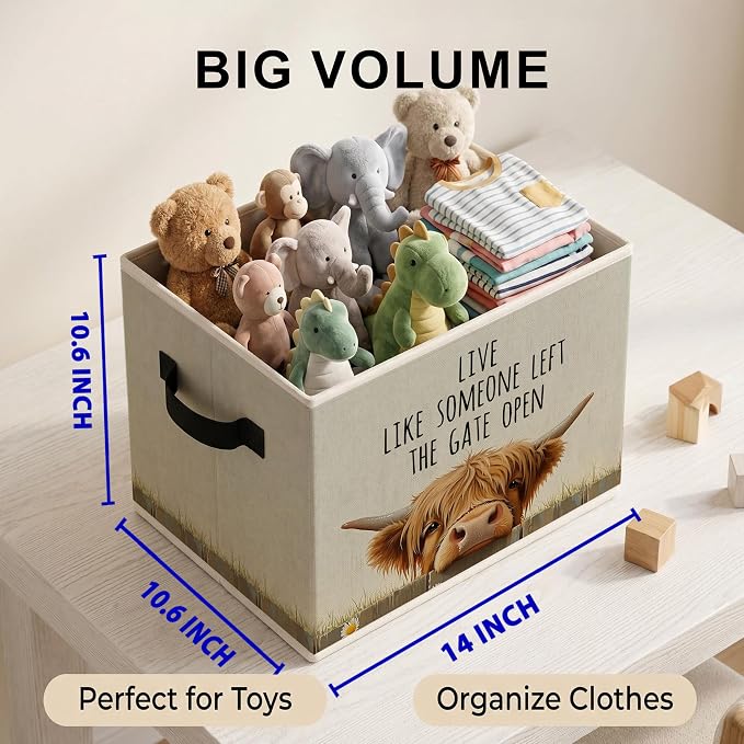 Highland Cow Storage Bins Box with Handles, Inspirational Collapsible Storage Basket, Farmhouse Animal Foldable Basket for Organizing Playroom Nursery Toys Books Clothes - Image 3