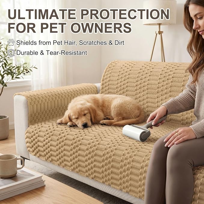 Smiry Waterproof Couch Covers for Dogs Washable, Non Slip Pet Sofa Cover | Plush Scratch Resistant Flannel Furniture Protector for Dogs, Camel, 43" x 63" - Image 6