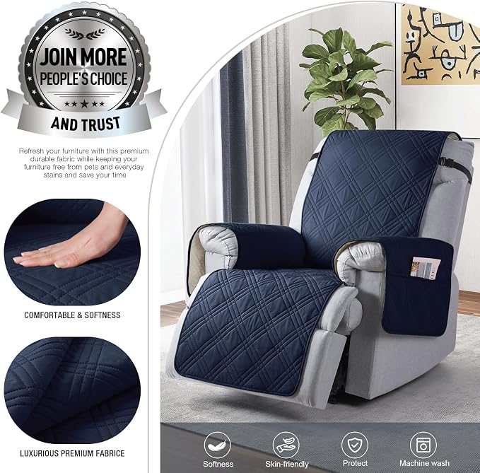 TAOCOCO Waterproof Recliner Chair Covers 30 Inch Wide, Oversized Recliner Covers for Recliner Chair with Pocket, Recliner Slipcovers with Straps Furniture Protector for Kids Pets (30'', Dark Blue) - Image 2