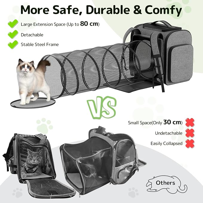 Pawtners Cat Backpack with Play Tunnel, Design for Carrying Playing Grey | Expandable, Foldable, Breathable, Large Space, Durable, Perfect for Cat Small Dog, Travel Hiking Camping Walking Car - Image 3