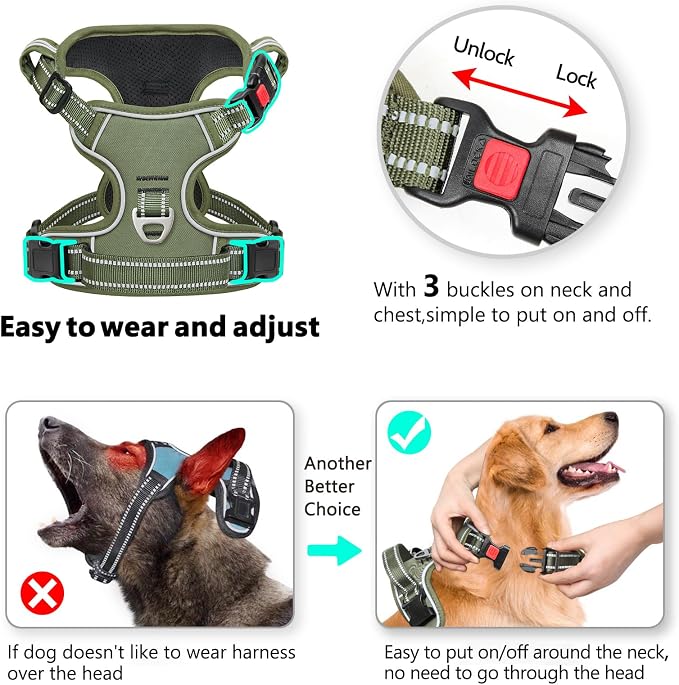 Timos Dog Harness Small Sized, Neck Quick Release with 3 Buckles, Green, S | Easy On & Off, No Pull No Choke, Adjustable Reflective Soft Padded, Front & Back 2 Clips and Handle for Walking Training - Image 3