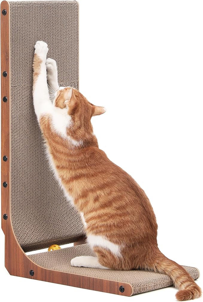 FUKUMARU Cat Scratcher for Indoor Cats, 26.8 Inch Cat Scratch Pad L Shaped | Cardboard Cat Scratcher, Vertical Cat Scratching Board with Ball Toy, Walnut Color, 1 Pack by FUKUMARU