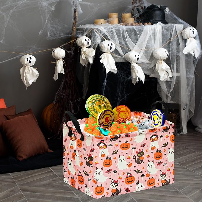 Pink Halloween Storage Basket for Girls, Pumpkin Ghost Bat Spider Design - Image 5
