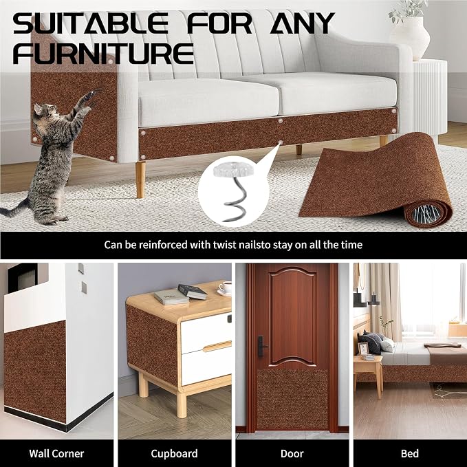2 Pcs 78.8"x15.8" Cat Scratch Mat, Cat Scratch Couch Furniture Protector, Trimmable Self-Adhesive Cats Scratch Pads, DIY Cat Scratcher for Wall Protector and Covering Cat Tower (Brown) - Image 7