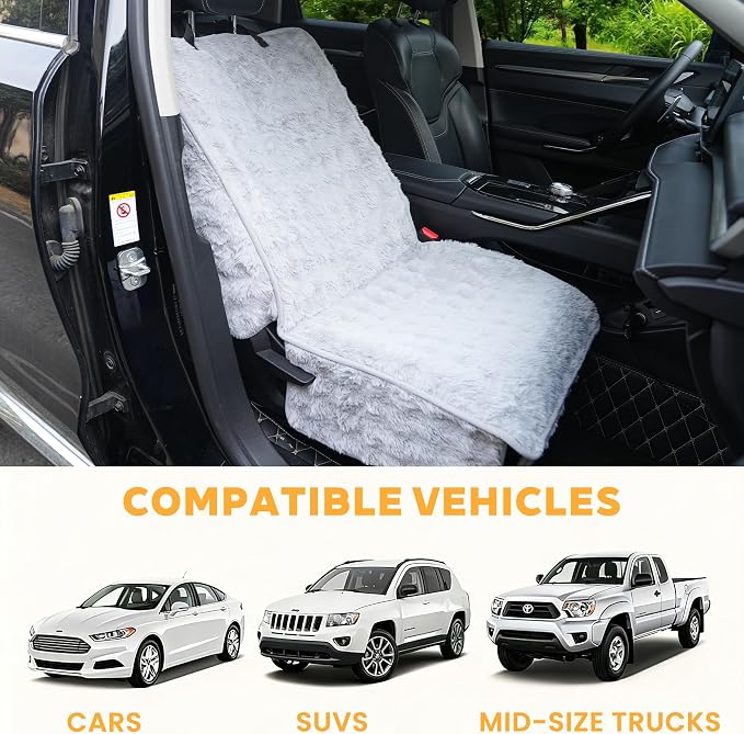 Dog Car Seat Cover, Waterproof Plush Pet Seat Protector, Gray, Front Seat | Faux rabbit fur, waterproof layer, non-slip silicone backing, side flaps, machine washable, fits most cars and SUVs - Image 2