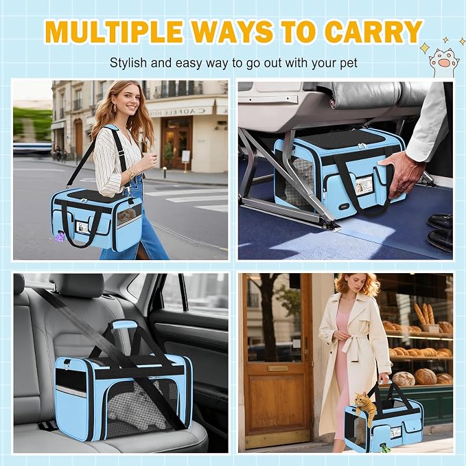 HUANLANG Large Cat Carrier Travel Soft Sided Pet Carrier Airline Approved | Dog Carriers for Small Dogs Medium Cats,Collapsible,3 Storage,zipper lock,Reflective strips,Luggage Strap, Up to 15 Lbs - Image 7