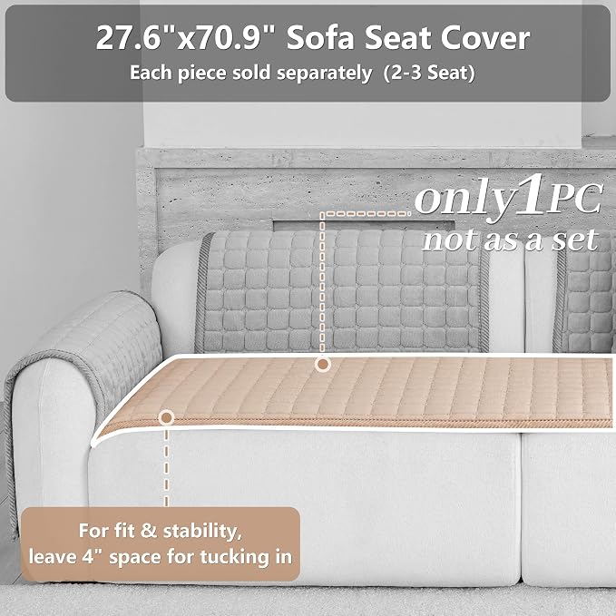 Velvet Washable Couch Cover for Dog,L Shape Sofa Cover for Pets. | 27.6"x70.9",Khaki,Sectional Couch Cover,Soft Velvet,Non-Slip,Furniture Protector,quilted - Image 2