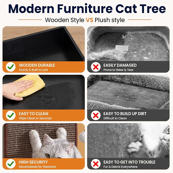 Modern Wood Cat Tree Tower for Indoor Large Adult Cats with Big Perch Bed | 33.8in Tall Wooden Cat Trees with Platform, Cat Scratching Pads, Washable Cushions, Cat Furniture for Window, Rustic Black - Image 5