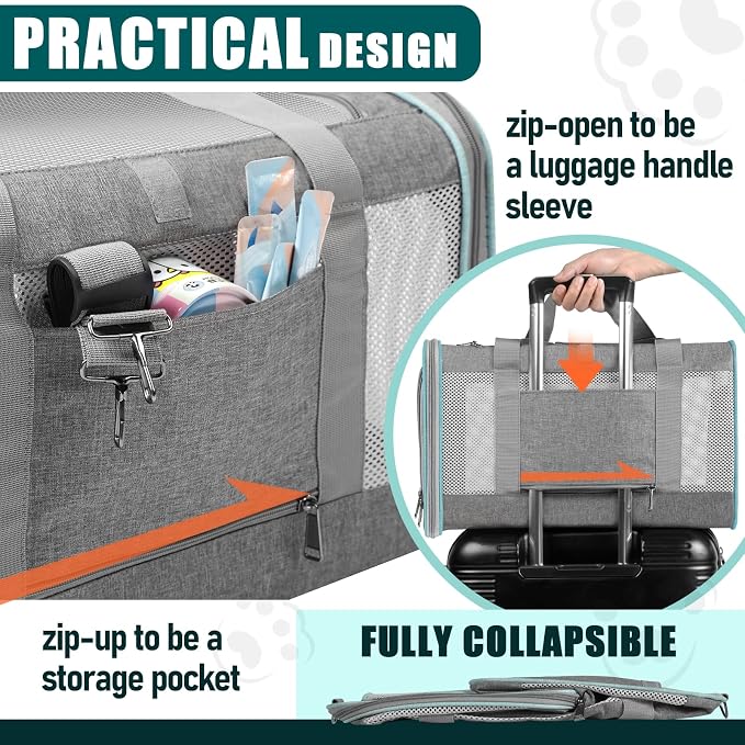 GAPZER Large Cat Carrier Soft, Collapsible Travel Pet Carry Bag, Small Dogs | Large Cats up to 20 lbs+ Maine Coon, Top Load Transport Small Puppy Dog Crate, Chihuahua Mini Dog 10lbs, Sturdy Mesh Grey - Image 3