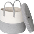 Storage Basket with Lid, Blanket Basket Living Room, Large Woven Cotton Rope Baskets for Storage, Kids Toy Storage Bin, Wicker Laundry Basket, Blankets Pillows Organizer Holder,15"x13", Gray by HONCESTA