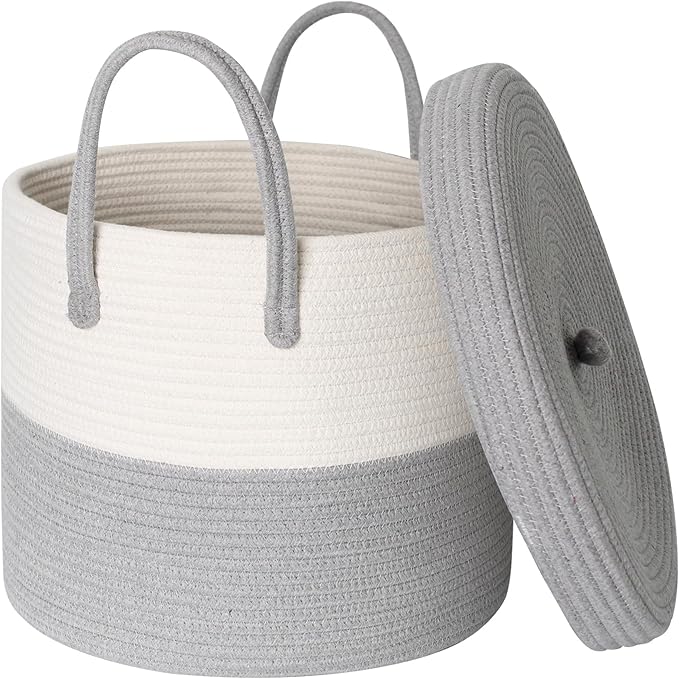 Storage Basket with Lid, Blanket Basket Living Room, Large Woven Cotton Rope Baskets for Storage, Kids Toy Storage Bin, Wicker Laundry Basket, Blankets Pillows Organizer Holder,15"x13", Gray by HONCESTA