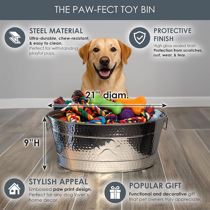 BREKX Stainless Steel Indestructible Dog Toy Bin - Pet Storage Bin with Handles, Large Organizer Storage Basket for Pet Toys, Blankets, Leashes - Pawprint Design Home Decor (Silver - 25 Quart) - Image 4