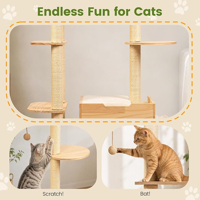 45 Inch Solid Wood Cat Tree, Modern Cat Tower for Indoor Cats, Cat Condo with Single Tunnel, Sisal Scratching Posts, High Perch Platform, Washable Cushion, Hanging Balls, Natural - Image 6