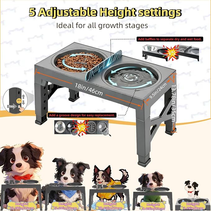 3-in-1 Elevated Slow Feeder and Water Bowls for Dogs, 4 Height Adjustable Raised, Separate Dry and Wet Areas, Prevent Water Overflow, Foldable Pet Bowl - Image 2