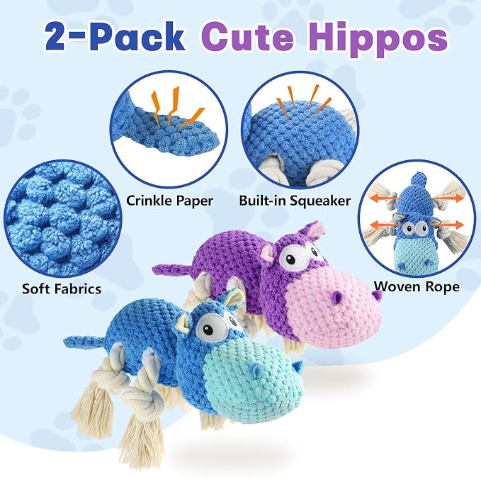 TOOPTATE 2-Pack Squeaky Hippo Dog Toys, Blue & Purple, Medium | Cute Plush Design, Rope Legs for Tugging, Helps Keep Dogs Busy, Suitable for Small, Medium, and Large Dogs - Image 2