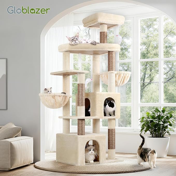 Globlazer Sturdy Cat Tree for Indoor Cats 20 lbs, S68, Beige | 68-inch Large Cat Tower for Adult Big Cats, Heavy Duty Cat Tree with Extra Large Platform, 5 Scratching Post - Image 7