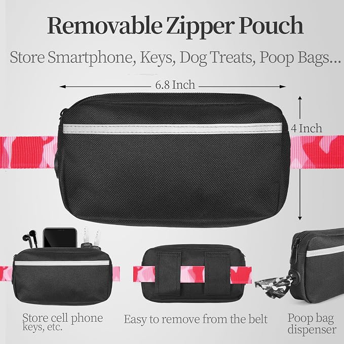 Hands Free Dog Leash with Zipper Pouch, camo Pink, Large | Waist Leash, Dual Padded Handles, Shock-Absorbing Bungee, Adjustable Waist Belt, Walking and Running - Image 2