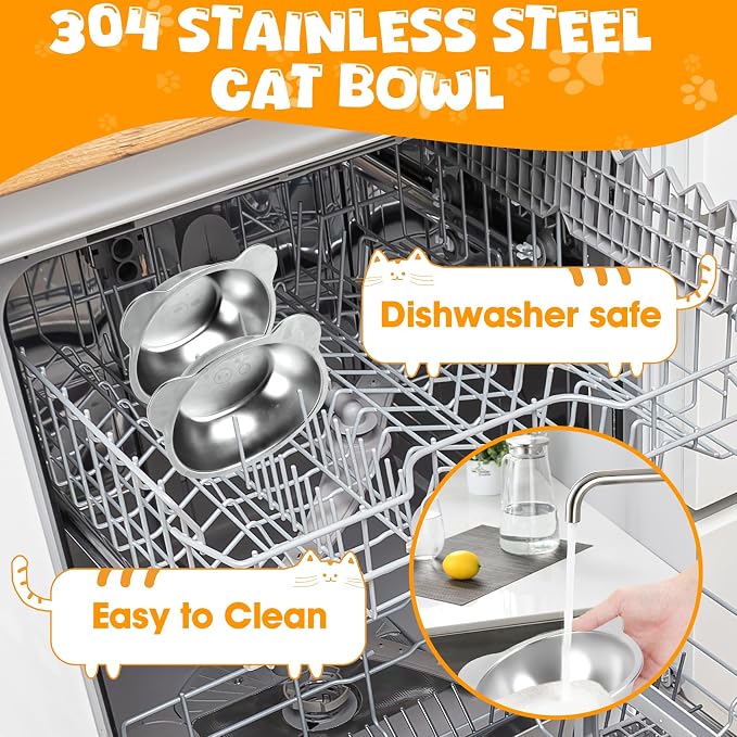 Elevated Cat Bowls, 2 Pack Raised Cat Food Water Bowls with Non-Slip Placemat, 15° Tilted Stand Anti Vomiting Stainless Steel Pet Food Feeding Dishes Plate for Cats Kitten Puppies Dogs Small Animals - Image 5