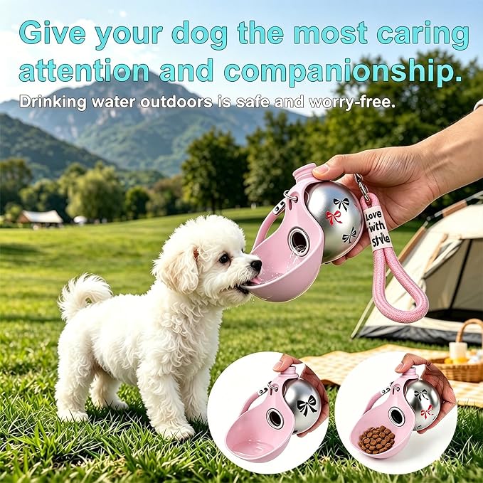 Portable Dog Water Bottle, Flip-Top Silicone Bowl Design, Insulated Hot & Cold Retention Material, One-Hand Leakproof Use, Perfect for Walking & Hiking, 10oz (Pink, Printing) - Image 4