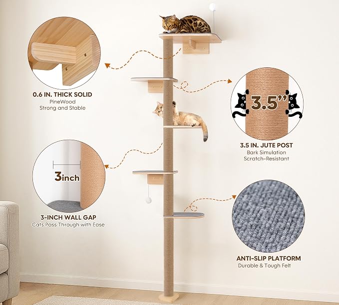 Floor to Ceiling Cat Tree for Kittens, 5-Tier Wall Mounted Cat Wall Shelves with Grey Felt Pads, Adjustable Wild Simulation Cat Tower, Natural Pine Wood Platforms for Climb, Scratch and Lookout - Image 3