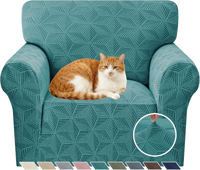 YEMYHOM 1 Piece Stretch Chair Sofa Slipcovers Couch Covers for 1 Seat, Jacquard Armchair Covers with Non-Slip Elastic Bottom, Thickened Furniture Protector for Dogs Pets kids (Small, Peacock Blue） by YEMYHOM