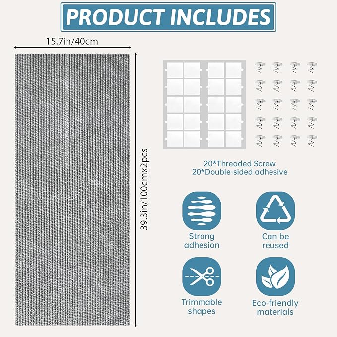 Heavy Duty Cat Scratch Mat for Couch, Light Gray (78.7" x 15.8") | Self-Adhesive Furniture Protector for Cats, Trimmable Cat Scratcher Carpet, DIY Climbing Pad for Couch, Sofa, Door & Cat Tree - Image 3