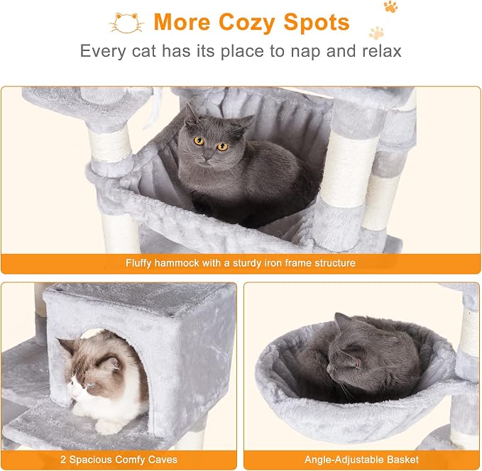Heybly Cat Tree, 70 inches Tall Cat Tower for Indoor Large Cats HCT032W | Big Cat Condo with Toy , Cat House Furniture with Padded Plush Perch, Cozy Hammock and Sisal Scratching Posts, Light Gray - Image 2