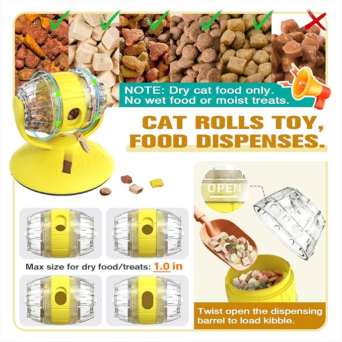 Rotating Interactive Cat Treat Dispenser Toy - Slow Feeder Puzzle for Indoor Cats-Yellow - Image 4