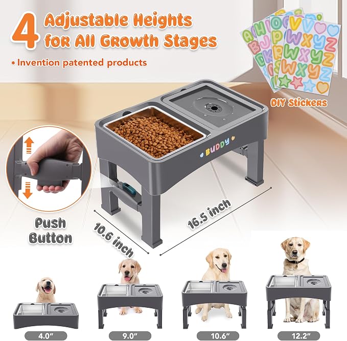 Decflow 3-in-1 Elevated Dog Bowls with 4 Height Adjustable Raised Stand | 304 Stainless Steel No Spill Water Bowl, Slow Feeder Dog Bowls, DIY Stickers, Pet Feeder Set for Small, Medium & Large Dogs - Image 2