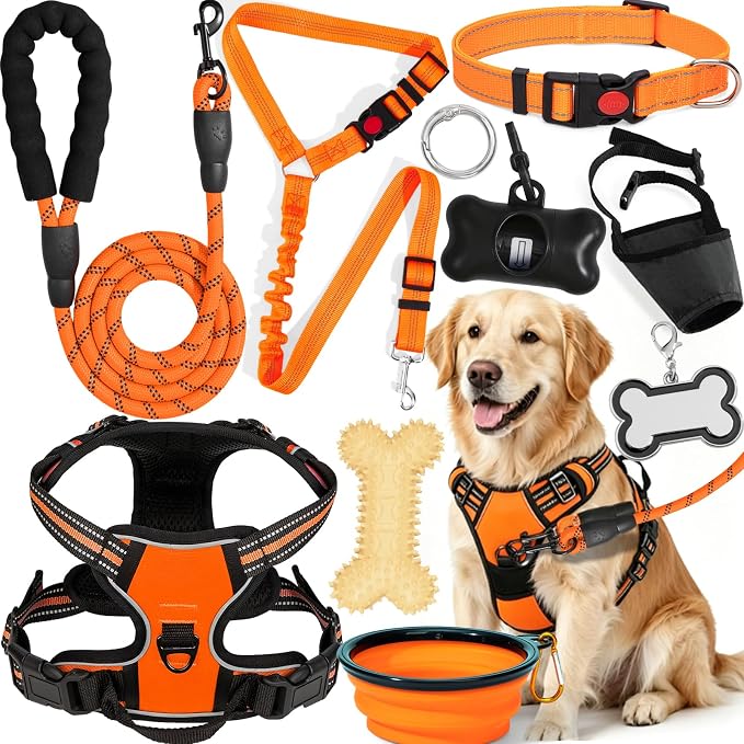 No Pull Dog Harness Adjustable Collar & Leash Set - Dog Halter Harnesses Collapsible Bowls & Poop Bag Dispenser Muzzle ID Tags Toys Fits Small Medium Large Dogs (Orange-L) by Unknown