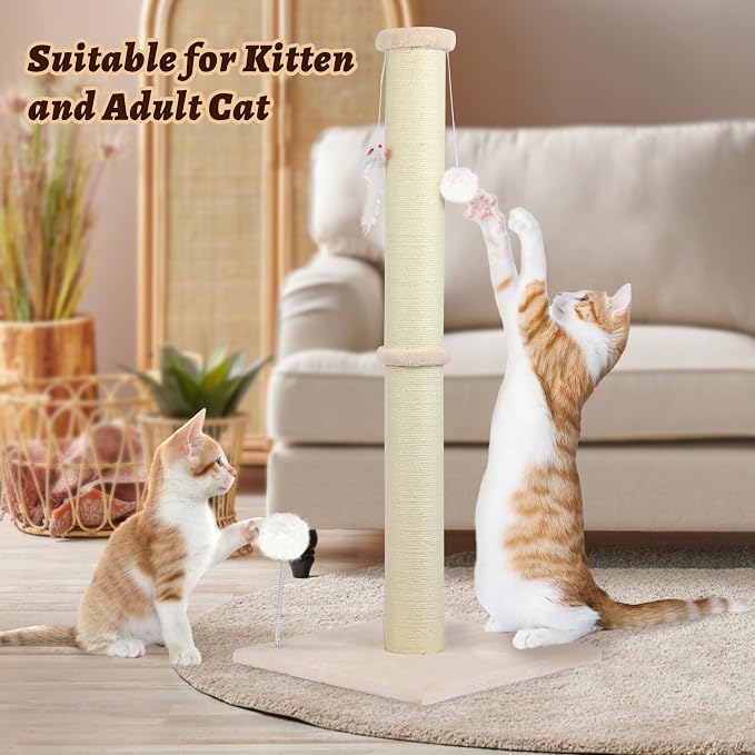 36 Inch Tall Cat Sisal Scratching Post for Indoor Cats, Beige | Natural Sisal, Sturdy Base, Interactive Toys, Full Stretch, For Kittens and Adult Cats - Image 4