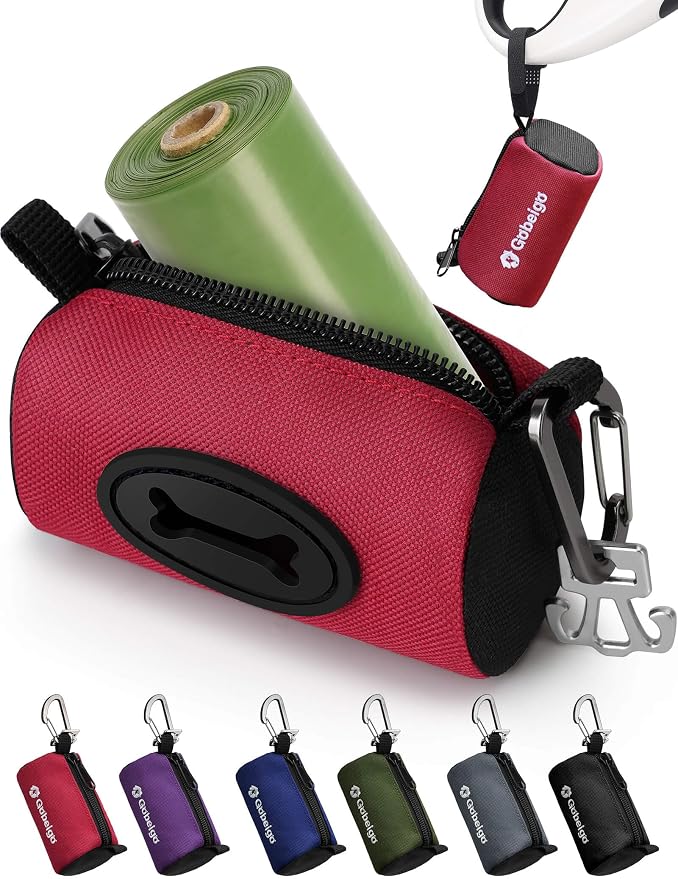 Gobeigo Dog Poop Bag Holder with Used Waste Bag Carrier(Red) | Large Opening for Easy Dispensing, Carabiner & Hook-and-Loop Strap Fits Any Leash, Includes 15 Unscented Waste Bags by Gobeigo