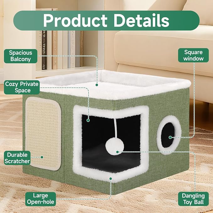 Shikha Cat House Bed for Indoor Cats with Fluffy Ball and Scratch Pad Green | Foldable Large Cat Cave Hideaway with Cozy Condo, Hide and Seek Window, Holds Up to 30LBS, All Season Reversible Cushion - Image 7