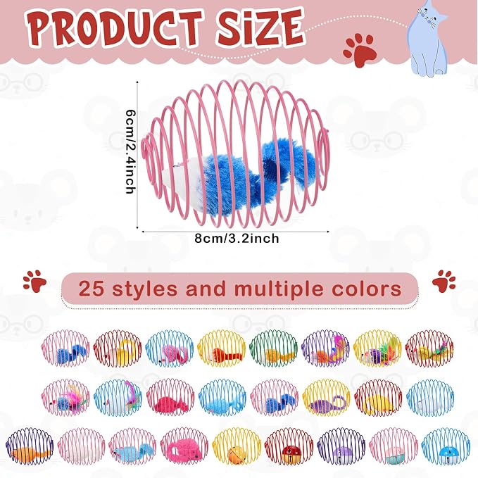 Jecery 25 Pcs Cat Toys Spring,Mouse and Bell,Colorful | Interactive Metal Cat Toy, Stretchable Rolling Ball, for Indoor Cats, Colorful Playful Coils, Kitten Pet Supplies - Image 2