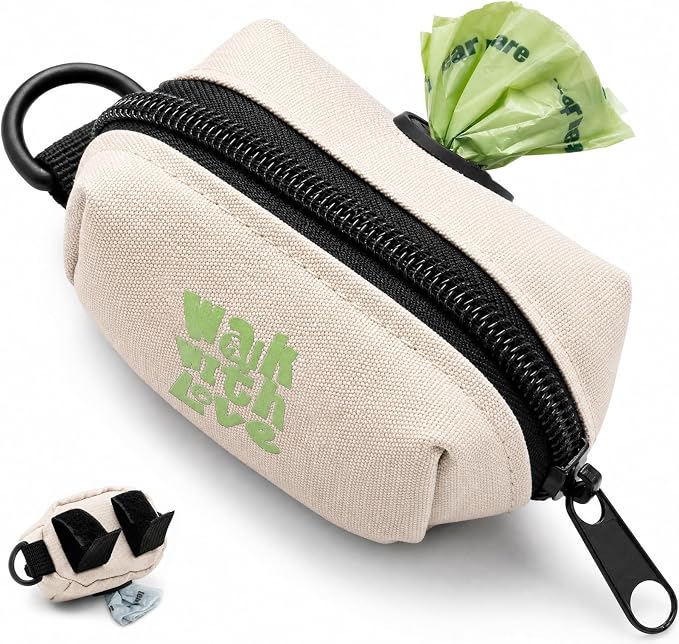 Dog Waste Bag Dispenser, Poop Bag Holders for Leashes, Beige | Soft Fabric Zipper Small Dog Puppy Pouch for Leash Accessory Attachment, Doggy Poop Bag Holder for Travel, Dog Walking, Park by Komashr