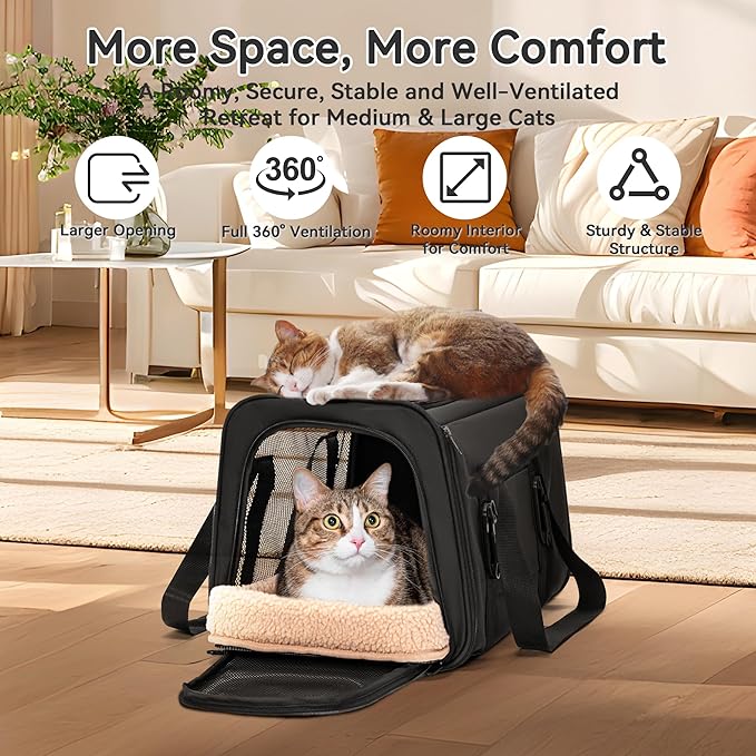 PETSFIT Large Cat Carrier with Patented Safety Buckles,Big Cats Up to 20 lb | Secure Carrier for Safe Driving, Lockable Zippers, Safety Tether, Travel Pet Carrier for Trips & Vet Visits,19 x 12 x 12 - Image 5