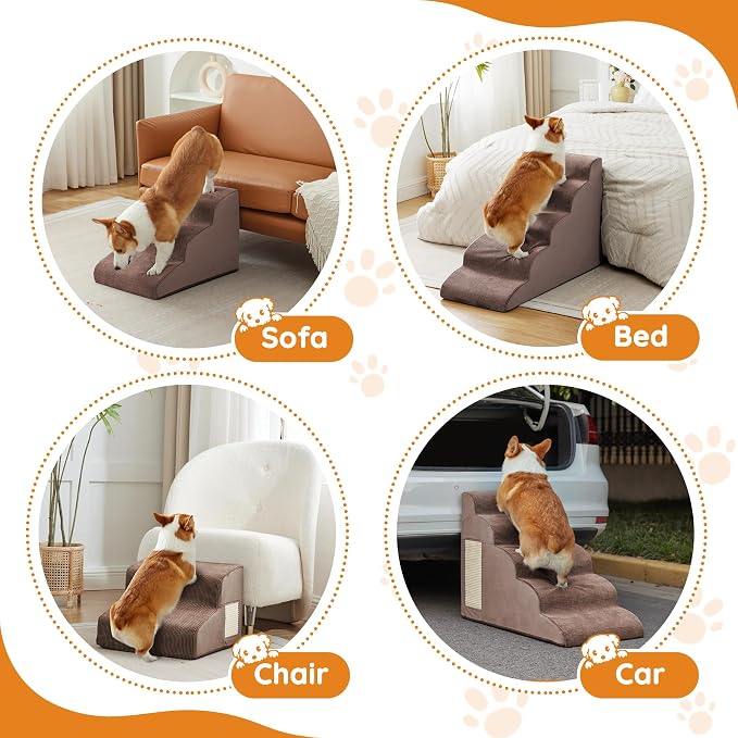 Dog Stairs for Small Dogs 15.7" H, Dog Ramp for Bed, 3-Step, Coffee | Dog Steps for Bed, Couch, Pet Stairs with Non-Slip Bottom Design, Cat Scratching,High Density Foam Portable Pet Steps, Indoor - Image 6