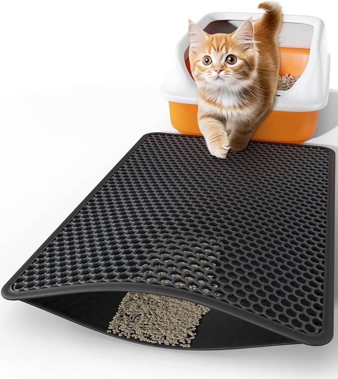 Powools Cat Litter Mat, Double-Layer, 23.2 x 14.6 in, Urine-Proof, Black | Non-Slip Litter Trapping Mat, Easy to Clean, Kitty Litter Mats for Floor, Scatter Control, Waterproof Litter Box Mat for Cats by Powools