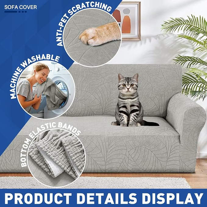 YEMYHOM Couch Cover Latest Jacquard Design High Stretch Sofa Covers for 2 Cushion Couch, Pet Dog Cat Proof Loveseat Slipcover Non Slip Elastic Furniture Protector (Medium, Begonia Leaf Light Grey) - Image 4