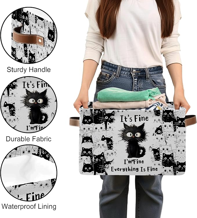 Black Cat Rectangle Storage Basket - Cat Themed Collection Collapsible Storage Baskets with Handles - Cute Cats Toy Bins - Black Cats Pattern Storages Bin for Kids Clothes, Gifts, Books, Toys - Image 6