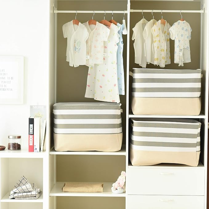 TheWarmHome Jumbo Storage Bins Baskets, Sturdy Fabric Organizing Basket W/Handles, Decorative Foldable Storage Baskets for Shelves Closet Nursery Toy (Grey&White Stripes 3 Pack, 20.5Lx15.7Wx13.8H in) - Image 8