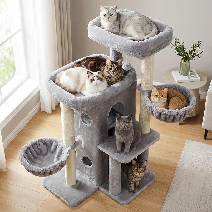 Heybly Cat Tree with Reinforced Big Base, 41.3 in Sturdy Cat Tower HCT075W | Indoor Cat Furniture Featuring 2 Roomy Platforms, Double Condos, 2 Cozy Baskets, Full Sisal Scratching Posts, Light Gray - Image 10